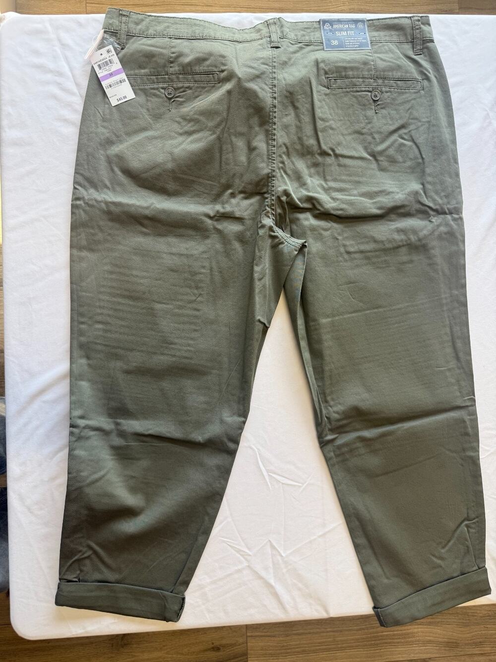 American Rag Slim Fit Chino Pants Mens Size 38 Olive Green NWT Cuffed Casual